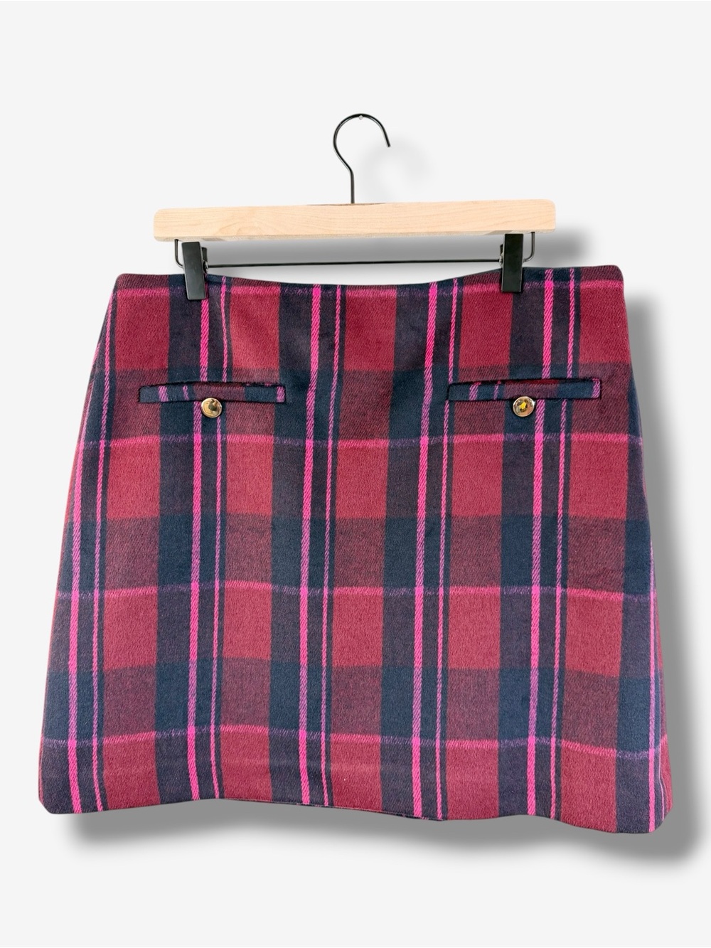 Loft Red Pink Plaid A-Line Mini Skirt Size 14 Wool Blend Preppy Casual Office